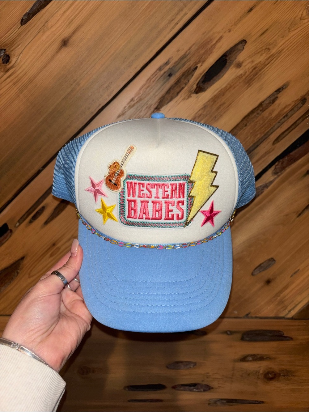 Western Babes Embroidered Trucker Hat - Light Blue & White